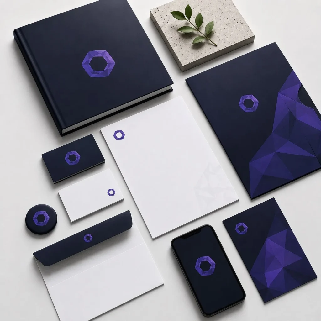 Brand identity and visual systems design presentation with brand guidelines and marketing collateral