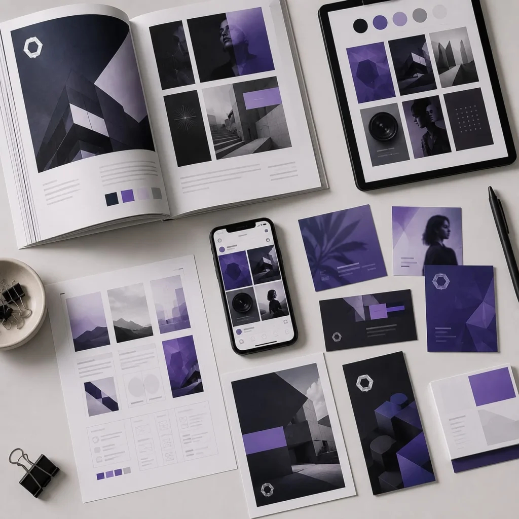 Editorial and content design system with magazine layouts social media graphics and campaign visuals