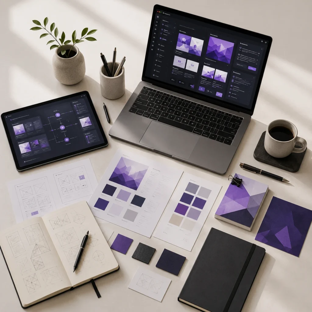 Multidisciplinary creative studio workspace with brand design digital interfaces editorial layouts and creative systems