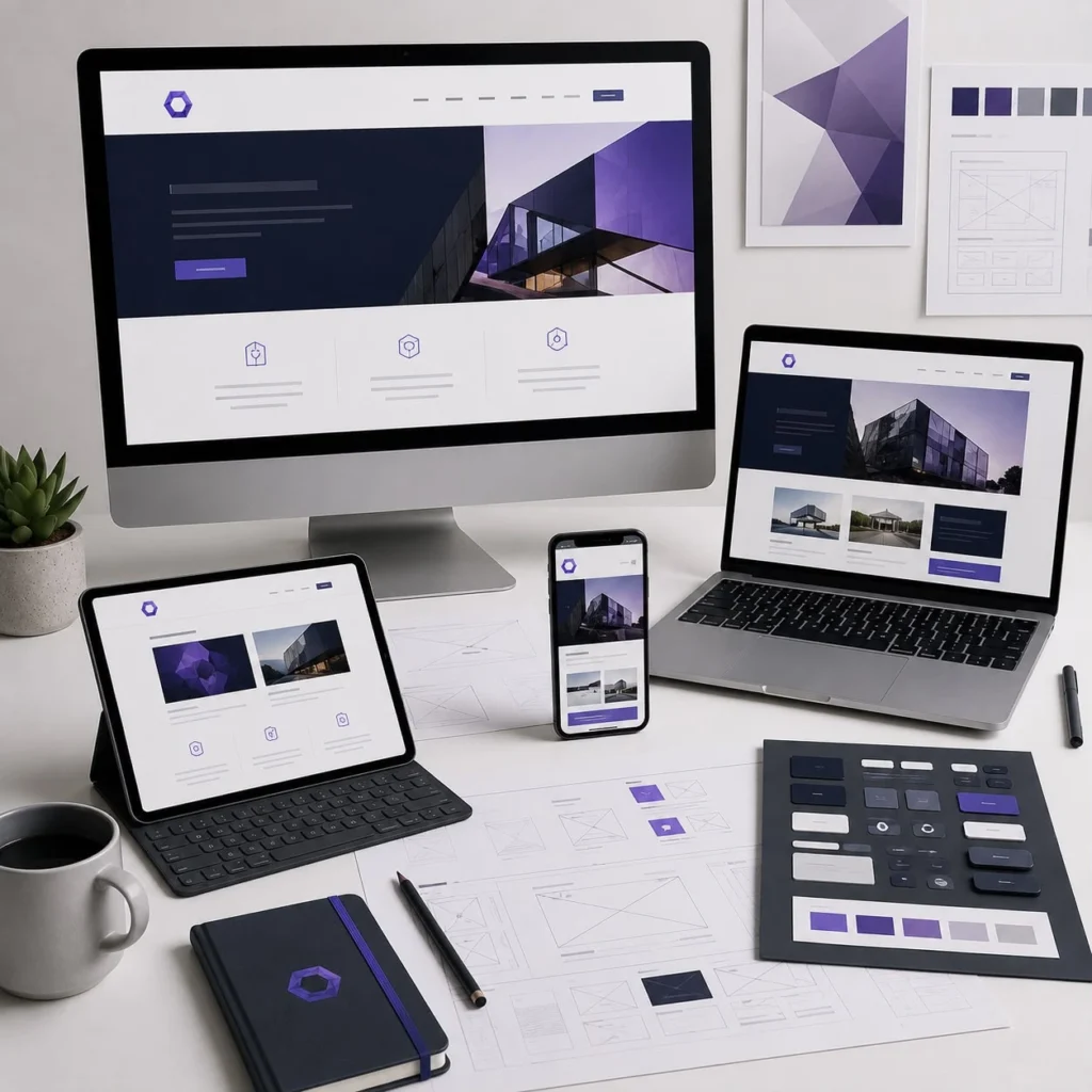 Responsive web design and WordPress development workspace showing desktop laptop tablet and mobile layouts