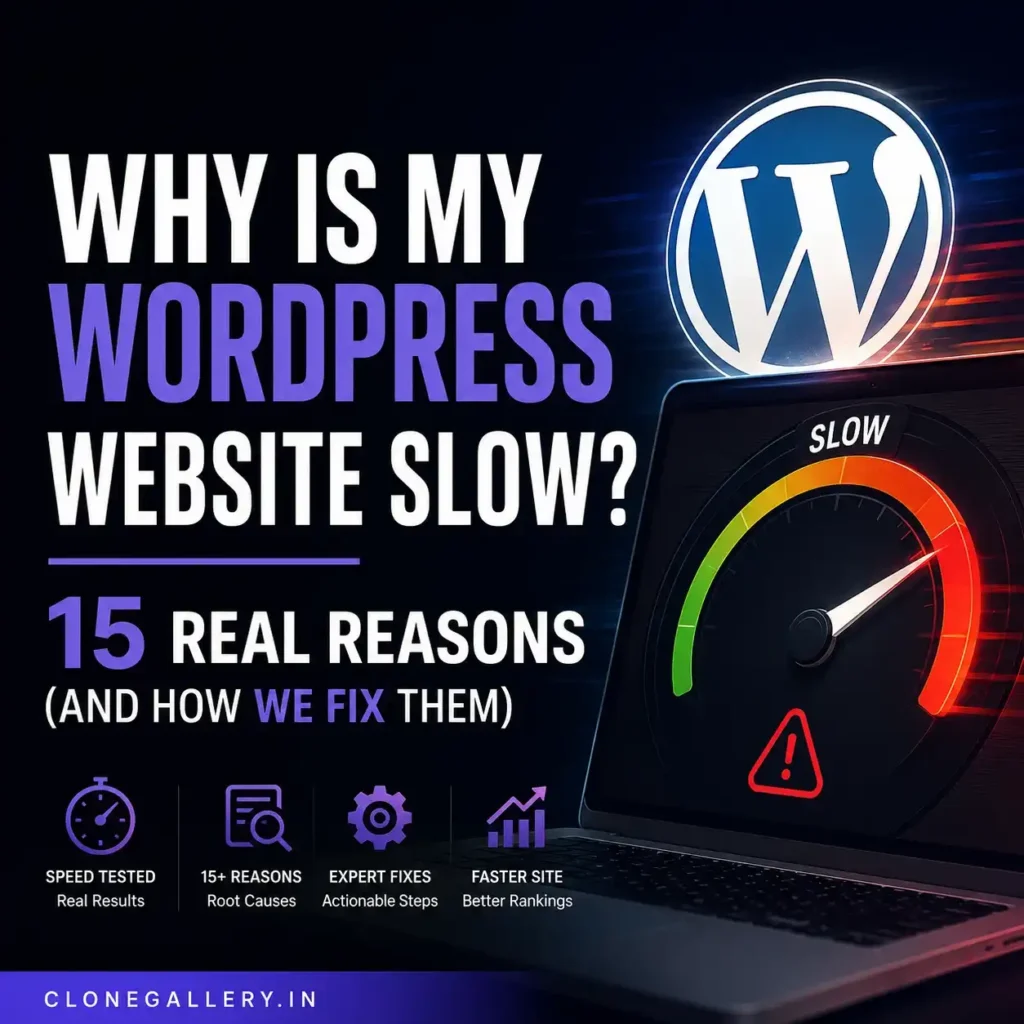 Illustration showing a slow WordPress website with performance optimization, speed improvements, Core Web Vitals, caching, image optimization, and technical SEO fixes.